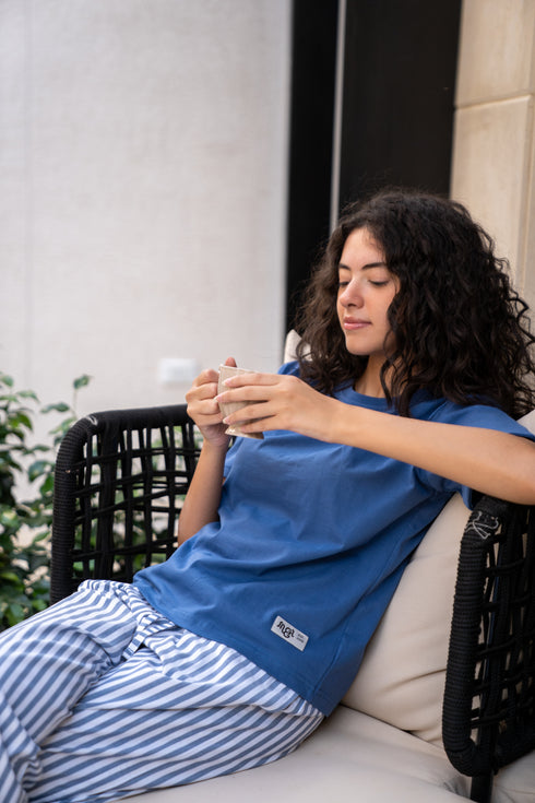 Women summer pajama set Indigo Tee + White X Indigo Stripes Pants